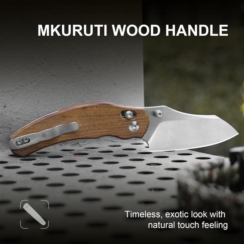 KIZER Bulldog Pocket Knife, 3 In Nitro V Blade Folding Knife Mkuruti Wood Handle Camping Hunting Knife with Reversible Clip, Clutch Lock Small EDC Knives for Men Women V3672A2 - Image 3